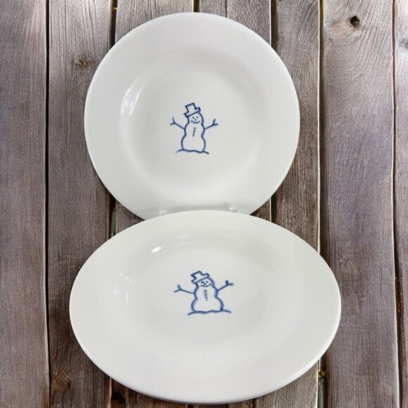 Pottery Barn Keepsake White Ceramic Dish Plate Set 2 Snowman Dishes Plates VTG - Picture 1 of 15